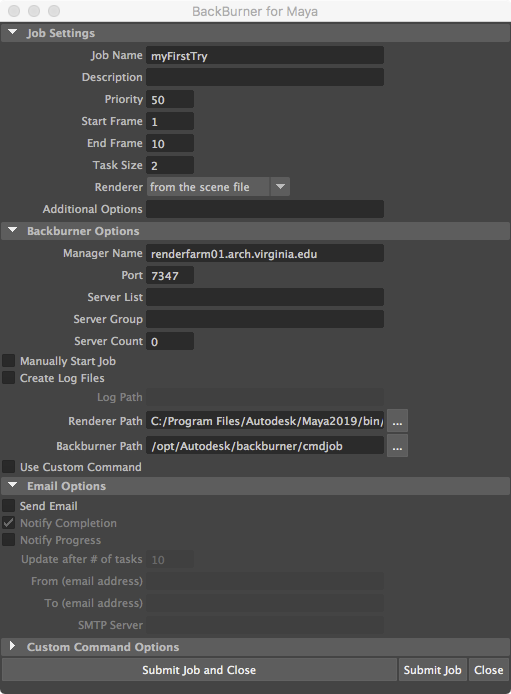 set for backburner dialog